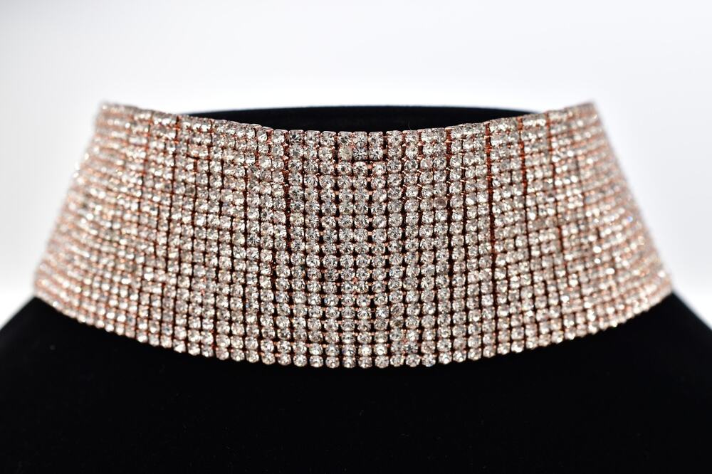 Vintage Y2K Rhinestone Crystal Choker Necklace Rose Gold Wide Statement Bin6A